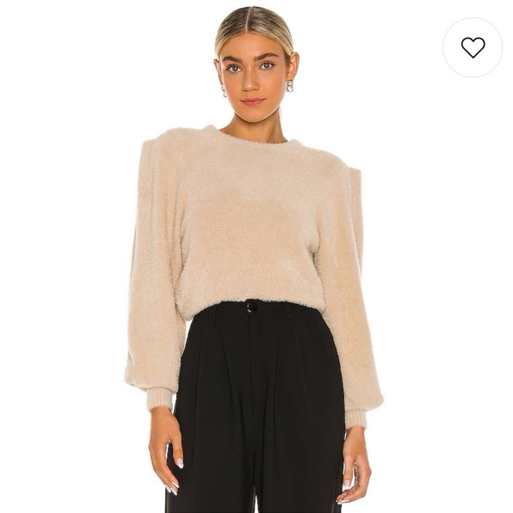 Ronny Kobo Carina Puff Sleeve Sweater in Sand‎ Fuzzy Eyelash Knit size Large